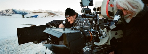Quentin Tarantino sur le tournage du film "Les Huit Salopards"