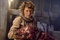 milla jovovich regardeant un chien zombie